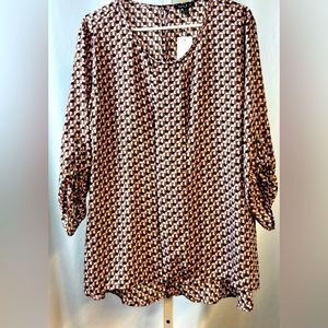 Sami & Jo Roll Tab Blouse‎ Brown/Pink/White/Black Geometric Print size 3X NWT